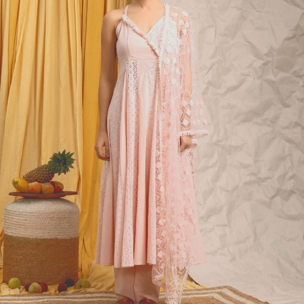 Baby Pink Cotton kurta, Palazzo & Net Dupatta